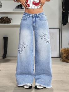 Jeanoix Y2K Low-Waist Fashion Star Embroidery Washed Wide-Leg Jeans - Blue - View 4