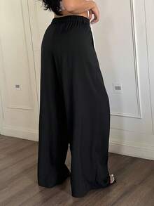 Sunnyshic 大码女式纯色复古学院风百搭浪漫可爱纽扣前褶阔腿弹力腰宽松休闲裤，适合春、夏、秋季工作和通勤穿着。 - 黑色 - 查看 3