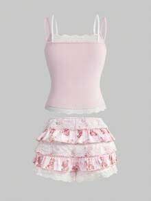 ROMWE Kawaii Spring/Summer Women's Cute Rabbit Bow Print 2 In 1 Outfits Set - Pink - View 2