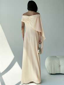 Aloruh Váy suông cổ thuyền lệch vai ôm vừa vặn mới có chi tiết buộc nơ, váy đuôi cá dài màu xanh lá cây đa năng cho sinh nhật, tiệc tùng, cocktail - Màu be - Xem 5