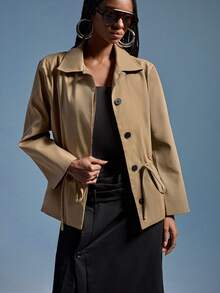 GENKIRA 经典翻领收腰短款夹克，通勤百搭，剪裁精良 - 棕色 - 查看 4