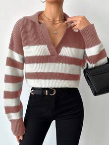 EURMUSE Striped Pattern Drop Shoulder Sweater - Rusty Rose - View 6