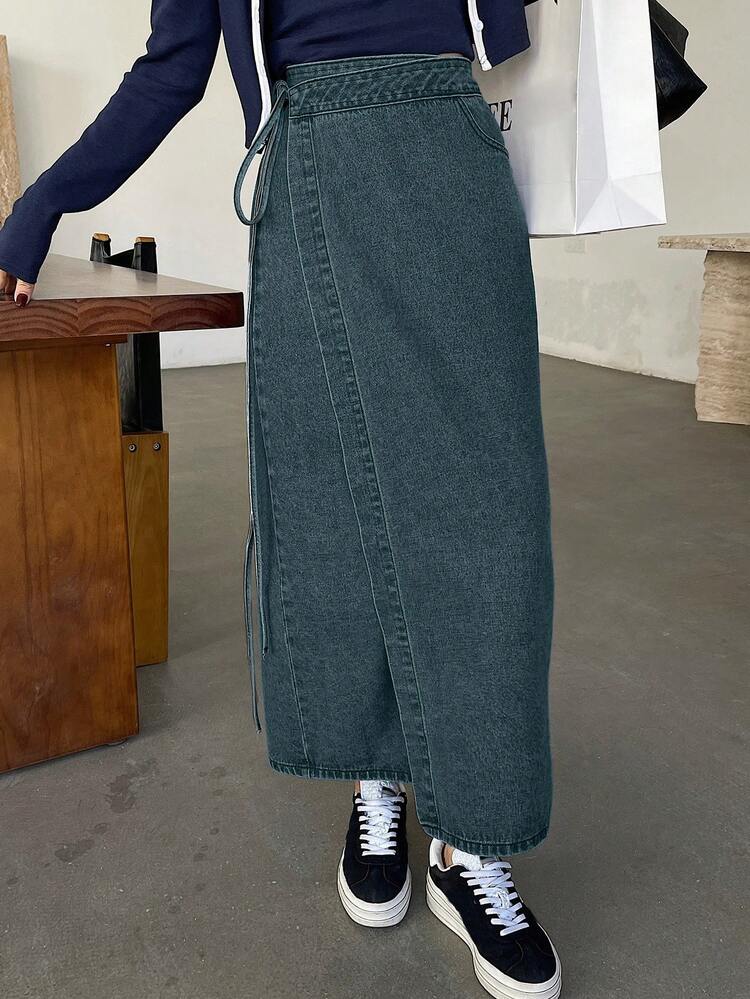 Women's Casual Washed Drawstring Wrap Denim A-Line Skirt,Back To School Clothes Jeans Skirt