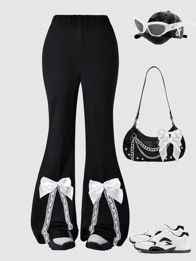 SHEIN MODELY Teen Girls Black Solid Color Knit Flare Pants, Minimalist Style With Lace Bow Decor, Regular Thickness Suitable For Casual Wear And Vacation In Spring/Autumn