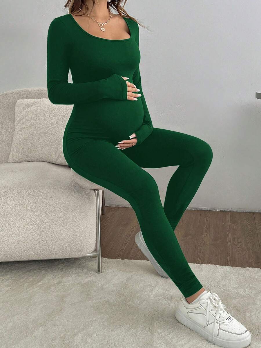 SHEIN Maternity Solid Color Long Sleeve Fitted Comfortable Jumpsuit - Dark Green - View 1