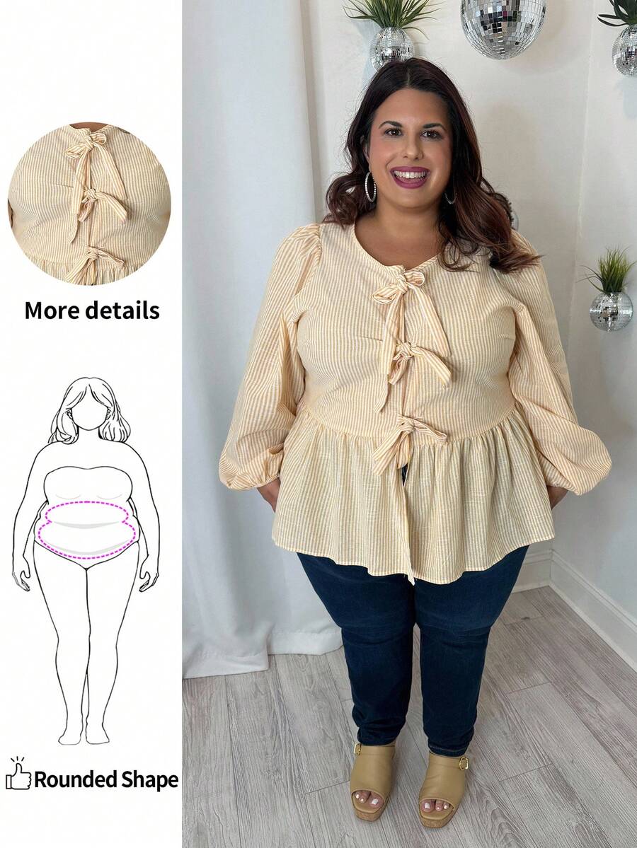 Enliva 大码女装春秋时尚休闲宽松舒适日常黄色条纹长袖蝴蝶结衬衫，女式衬衫，母女装，女士度假装，曲线可爱上衣，波西米亚风，女士早午餐装，奶油黄 - 黃色 - 查看 1