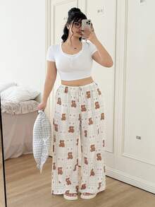 CovetEZ Quần ống rộng buộc eo họa tiết gấu và kẻ caro cỡ lớn cho nữ - Màu be - Xem 6