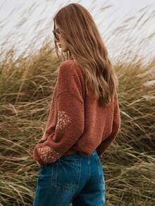 Florisole Women's Thick Jacquard Pattern Knitted Pullover Sweater With Button Decor, Casual Base Layer For Autumn/Winter - Camel - View 3