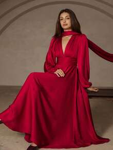 SHEIN Unity Elegant Red Satin Deep V-Neck Jacquard Waist-Cinched Dress With Scarf Collar And Tie Sash, Minimalist Design Long Sleeve Dress - Red - View 7