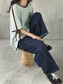 FRIFUL Women's Loose Fit Contrast Color Sporty Biker Style Bow Tie T-Shirt - Blue - View 7