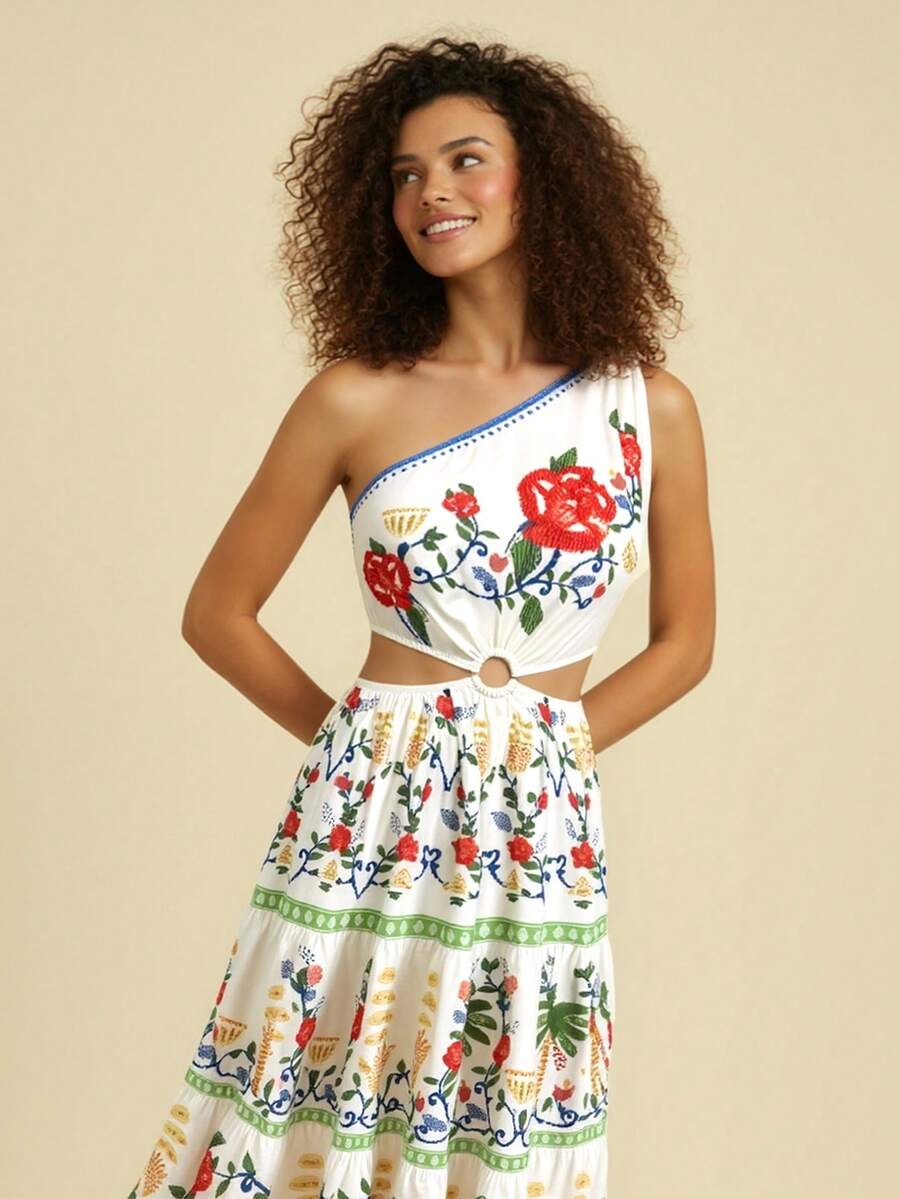 CAJUNI 女士休闲度假可爱刺绣玫瑰花卉不对称露肩镂空圆领中长连衣裙，适合约会、外出等场合 - 彩色 - 查看 1