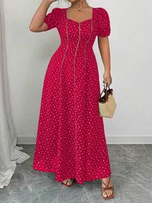 Elenzga Váy dài chữ A dệt vải cỡ lớn họa tiết hoa nhỏ thanh lịch, cắt ngẫu nhiên, cổ vuông tay bồng, viền bèo nhún eo, thời trang đa năng cho tiệc vườn, đi chơi, phong cách đặc biệt, hiệu suất cao - Đỏ - Xem 4