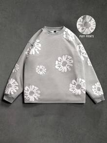PAVTROS Men T-Shirts Flower Sweatshirt Grey Sweatshirt Embroidered Sweatshirt Flower Graphic Sweatshirt Sweatshirt Graphic - Grey - View 2