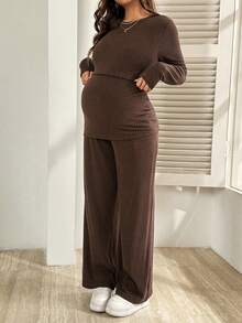 SHEIN Maternity Clothes Nursing Two-Piece Set Spring And Summer Pregnant Clothes Brown Two-Piece Crew Neck Long-Sleeved Shirt + Trousers - Soft, Comfortable, And Casual - Brown - View 7