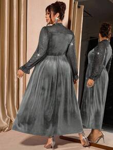 Cravure 大码女式网纱天鹅绒优雅泡泡袖连衣裙，收腰设计，适合派对穿着 - 深灰色 - 查看 2