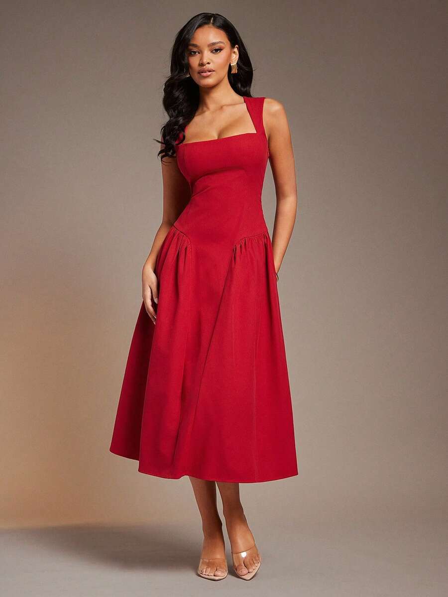 L'Amorae Women Squareneck Fit And Flare Midi Dress, Valentines Date Night Outfit Wedding Guest Elegant - Red - View 1