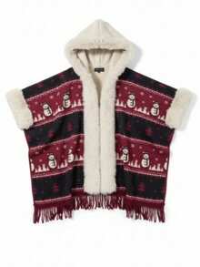 Poncho Navideño Súper Acolchado con Capucha de Peluche Ultra Soft, Diseño Invernal de Muñequitos y Pinos, Acabado Premium Calientito Ideal para Invierno, Regalos y Fotos Estilo Christmas Aesthetic UNITALLA 30-34 - Negro - Ver 1