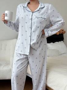 SHEIN Casual Woman Apricot Striped Plus Size Pajama Set Long Sleeve Lapel Button Front Long Pant Sets Woven Fabric - Apricot - View 1