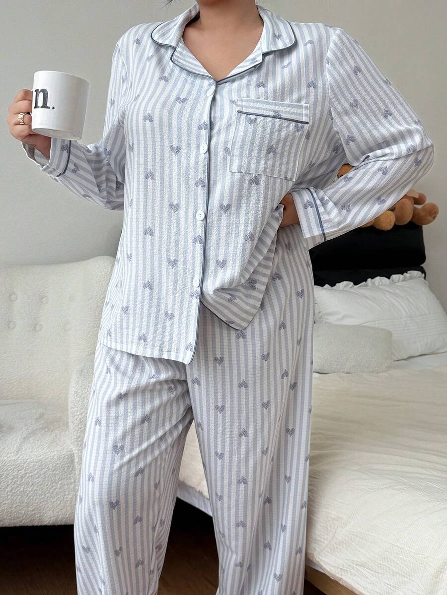 SHEIN Casual Woman Apricot Striped Plus Size Pajama Set Long Sleeve Lapel Button Front Long Pant Sets Woven Fabric - Apricot - View 1