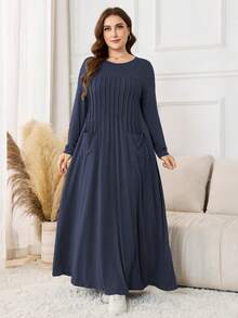 Lacomfia Knitted Stretchy Hazy Blue Long Sleeve Pleated Pocket Minimalist Casual Loose Soft Plus Size Dress For Women - Navy Blue - View 5