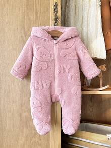 SHEIN Vintaside Kids 新生儿简约时尚可爱波点长袖连帽抓绒连体衣家居服 - 粉色 - 查看 7