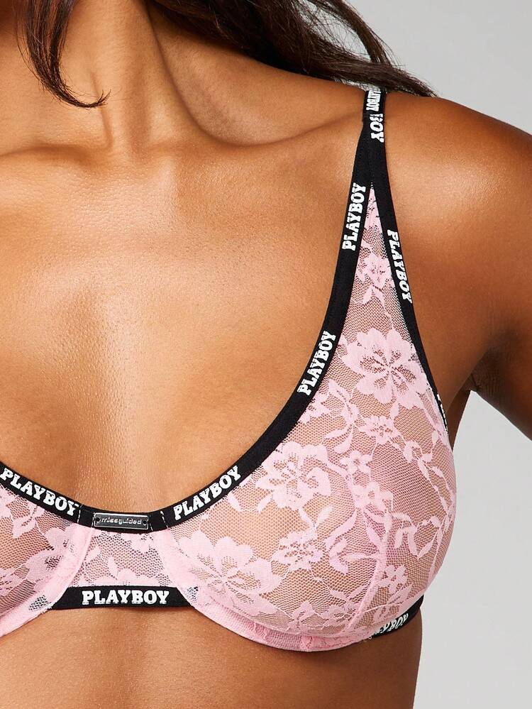 Missguided x Playboy Lace Balconette Unpadded Bra With Contrast Logo Straps And Underwire Support