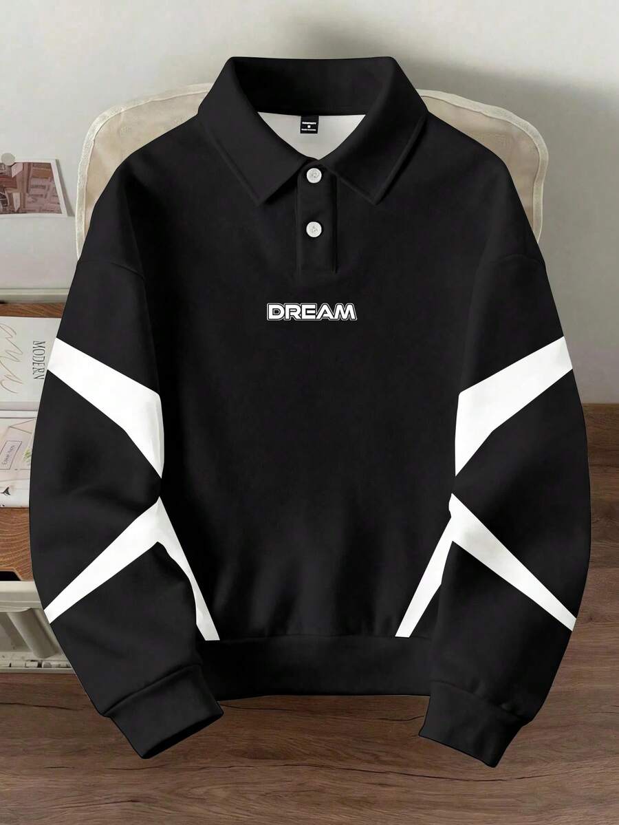 Manfinity Joysei Sudadera casual de hombre con cuello polo, estampado de letras y contraste de colores, otoño - Blanco y Negro - Ver 1