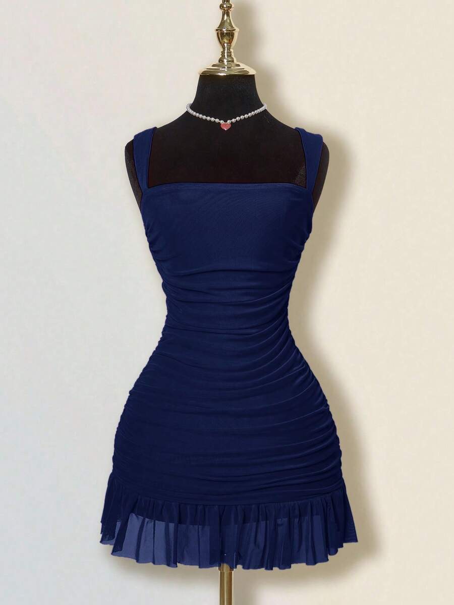 SHEIN ICON Đầm ôm body xếp ly lưới trơn màu thanh lịch dành cho nữ - Màu xanh hải quân - Xem 1