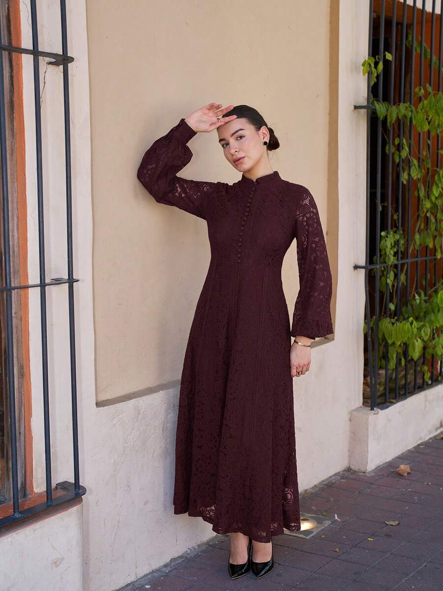 Andrea Bello 女式长袖蕾丝酒红色连衣裙 - 紫色 - 查看 1