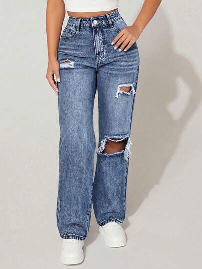 SHEIN PETITE Jeans rectos de cintura alta con lavado desgastado y efecto desgastado