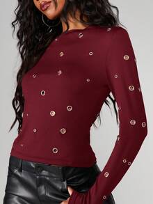 MISSGUIDED Eyelet Round Neck Long Sleeve Top With Golden Metal Hardware Detail - Burgundy - View 5