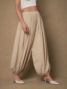Freevana Quần ống rộng lưng thun co giãn thoải mái cho nữ cỡ lớn - Màu Khaki - Xem 5