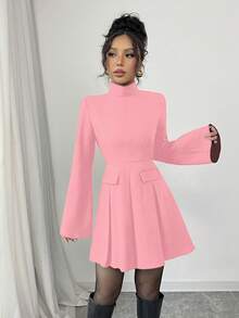 SHEIN Elenzya Đầm mini tay dài xếp ly cổ đứng màu trơn thời trang thanh lịch cho nữ - Hồng - Xem 5