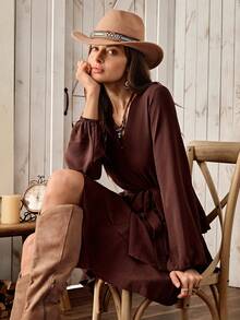 Wildy Casual Country Style Brown Vintage Long Sleeve Dress, Basic Everyday Outfit With Tie Waist, Autumn/Winter - Brown - View 6