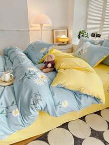 Joivida 3pcs/Set Blue Floral Printed Korean Style Countryside Style Bedding Set, Made Of Soft Aloe With Brushed Texture, Including 1 Duvet Cover And 2 Pillowcases, Multiple Sizes Available, Filling Not Included - Blue and White - View 11