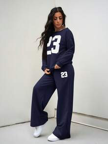 SAYEHFBABY Conjunto de 2 piezas/Set de top de manga larga con estampado numérico casual y pantalones largos Y2k para mujeres petite - Azul Marino - Ver 6