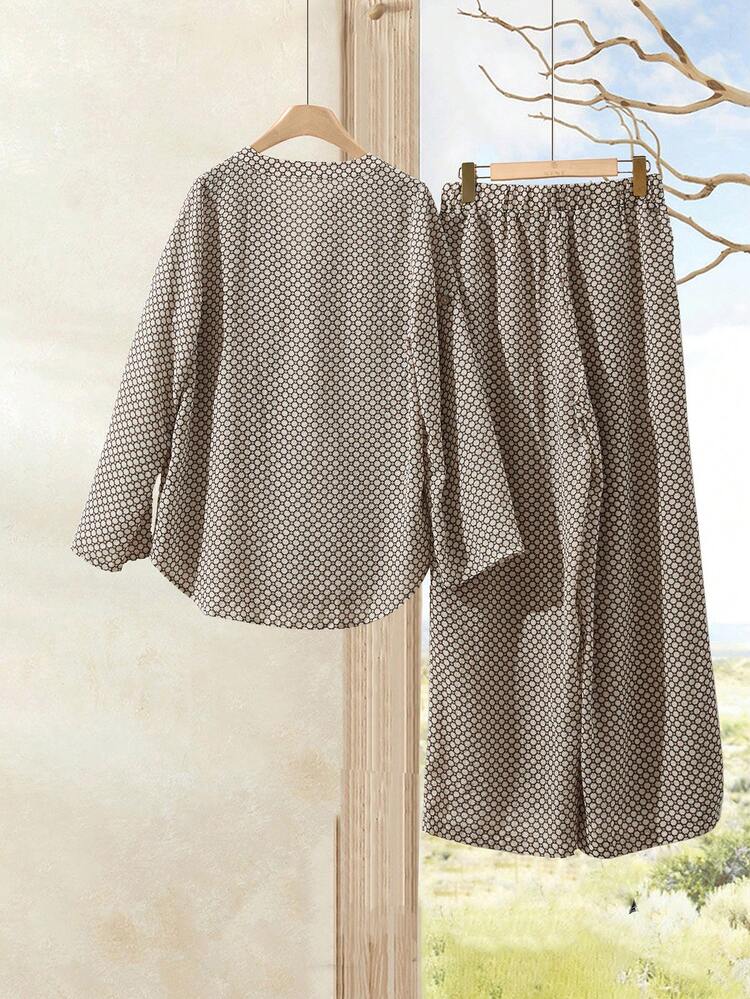 2pcs Women Casual Simple Long Sleeve Top And Long Pants Set, Fashionable For Daily Wear