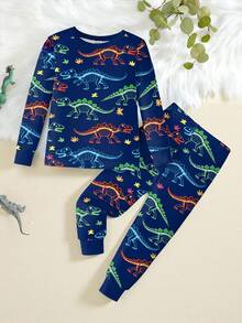 Snug Fit Young Boys Pajamas-2 Piece Pajama Set Navy Neon Dinosaur Print Round Neck Long Sleeve Top Long Pants Sleepwear Cozy Stretchy Elastic Waist Four Season 2026 New Year Holiday Essential Bedtime Gift Playful Cartoon Glow Nighttime Comfortable This Product Requires UV Light Exposure To Glow