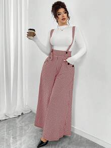 Elenzga 大码千鸟格印花针织面料双排扣长裤，配有真正开口口袋，高腰喇叭裤腿连体裤，优雅百搭，适合外出、约会、聚会等场合，也可作为休闲通勤背带裤穿着。 - 酒紅色 - 查看 5