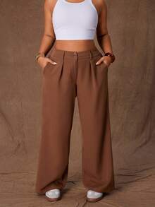 Rustia Women's Solid Color Casual Wide Leg Straight Pants, Suit Pants, Suitable For Commuting, Daily Wear, All Seasons - Coffee Brown - View 2