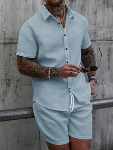 Manfinity Homme Bộ áo sơ mi và quần short trơn cho nam, trang phục thường ngày đơn giản cho chồng khi đi nghỉ mát, bộ hai mảnh thoải mái cho nam giới, trang phục nghỉ dưỡng cho nam, bộ hai mảnh mùa hè cho nam, bộ đồ màu xanh nhạt cho nam, bộ áo sơ mi nam. - Màu xanh nhạt - Xem 5