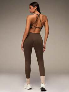 SHEIN BAE Women's Plain Backless Halter-Neck Top And Sports Leggings Set Workout Women Sets - Coffee Brown - View 5