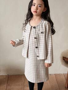 DAZY 2pcs Girls Plaid Jacket + Slim Fit Suspender Dress Set, Young Girl Fall Outfit - Apricot - View 9
