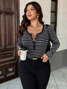 Calvaya Plus Size Fashionable Casual Commuter Striped Long Sleeve Slim Fit T-Shirt Business Casual Tops Woman - Multicolor - View 3