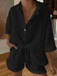 Muchica 黑色編織女性單排釦長袖上衣和短褲休閒套裝