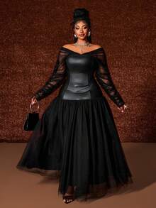 Maweii 大码长袖网纱拼接性感小众优雅浪漫连衣裙 - 黑色 - 查看 5