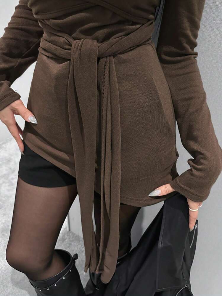 Off-Shoulder Long Sleeve Tie-Up Fitted Asymmetrical T-Shirt Design For Women