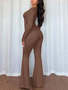 SHEIN ChicEase 性感女士黑色高弹力连体裤，正面和中间饰有金属装饰扣，休闲欧美风格 - 紫紅色 - 查看 2