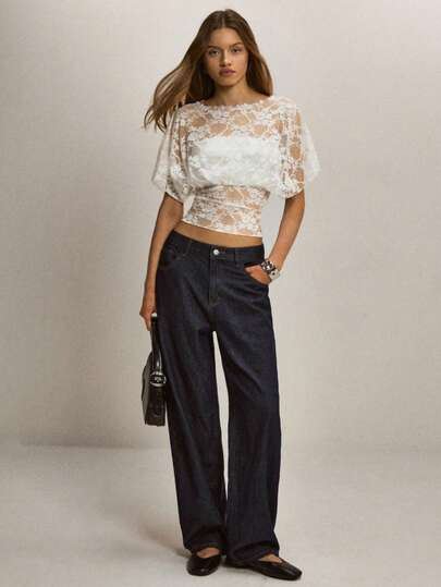 ATUI Studio Women's Solid Color Fashionable Lace Cropped Fitted Sexy Sheer Blouse