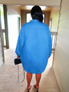 Enliva Blue Plus Size Denim Dress Casual Loose Long Sleeve Shirt Dress Casual And Comfortable, Fall Women Clothes, For Apple Rounded Body Shape - Medium Wash - View 2